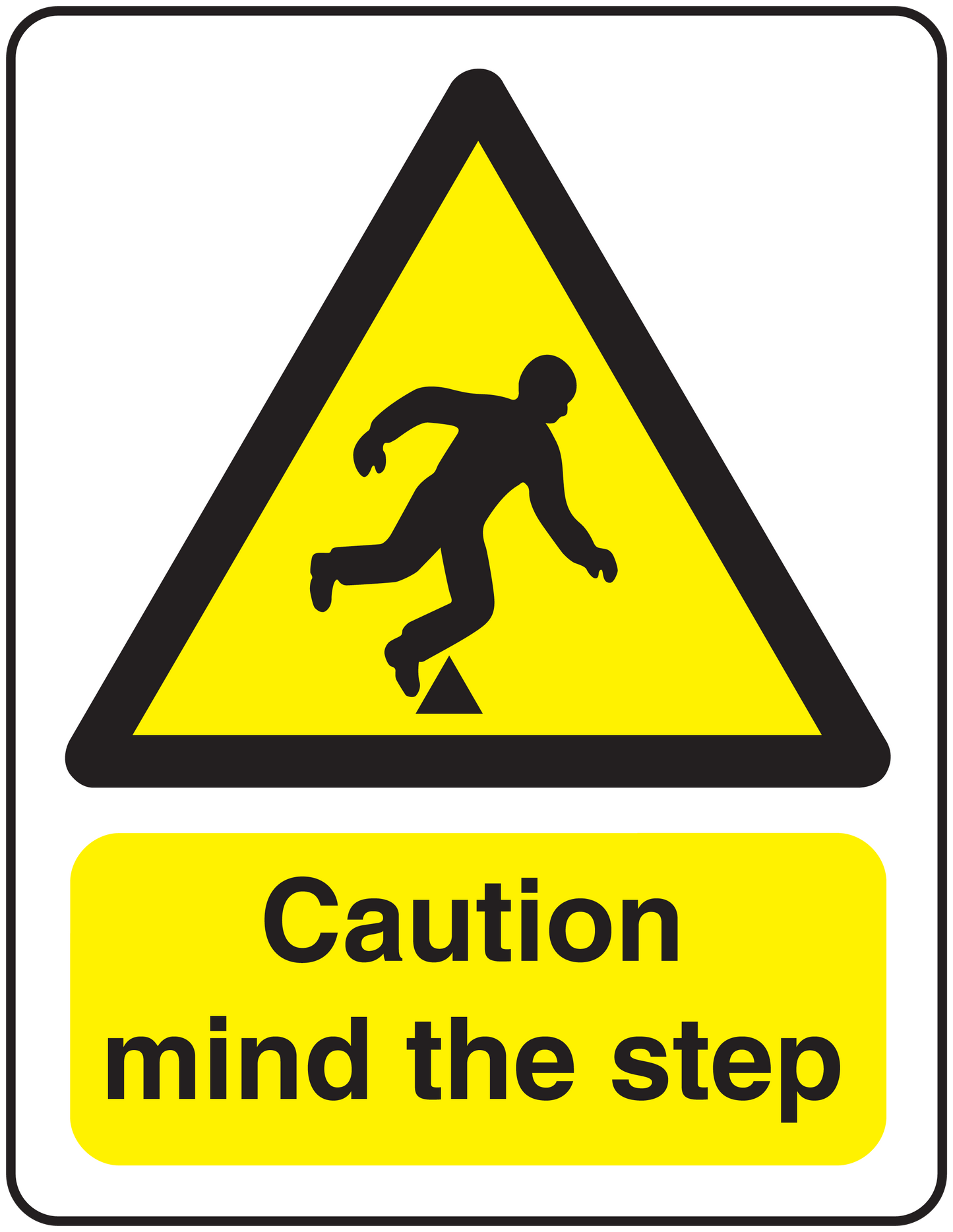 Caution mind the step sticker with yellow warning triangle and text