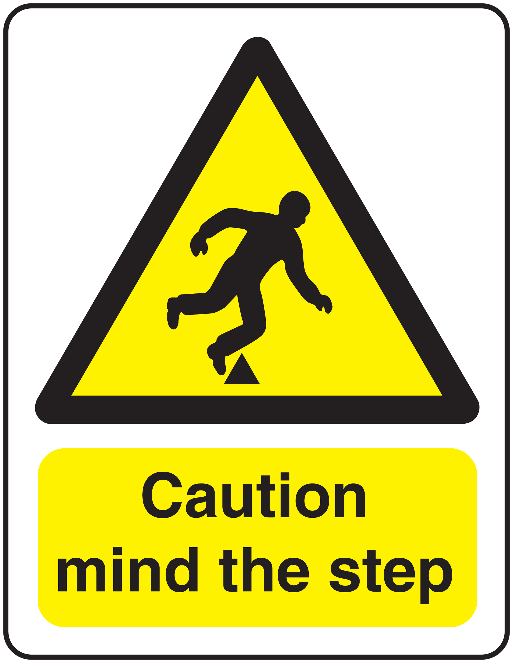 Caution mind the step sticker with yellow warning triangle and text