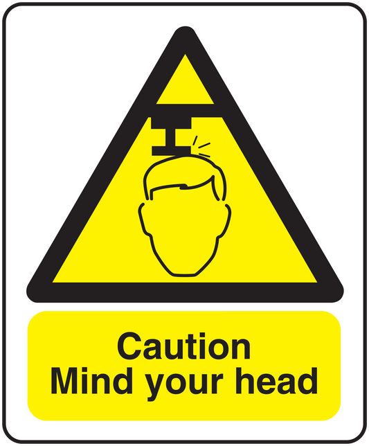 Warning sticker: yellow triangle with head icon and "Caution Mind your head" text