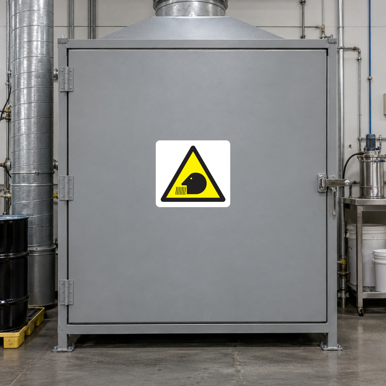 Caution Vapors Sticker applied in Closed broad gray solvent extraction cabinet door in an industrial adhesive mixing laboratory, central blank surface, latch far right and ventilation duct at far left.