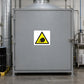 Caution Vapors Sticker applied in Closed broad gray solvent extraction cabinet door in an industrial adhesive mixing laboratory, central blank surface, latch far right and ventilation duct at far left.