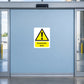 Door warning sticker: yellow triangle and 'Automatic door' text
