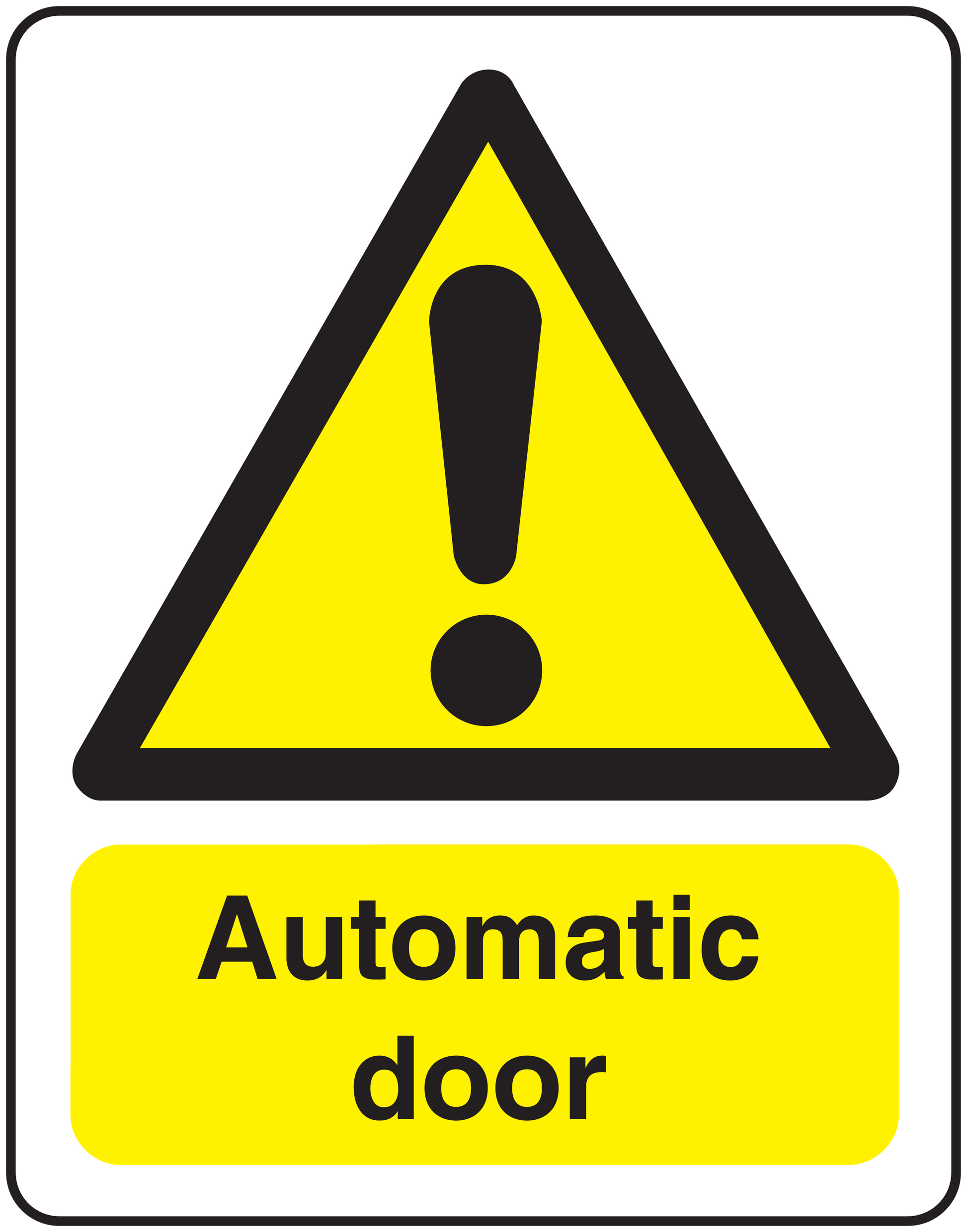 Automatic door warning sticker with yellow triangle and exclamation; text "Automatic door".