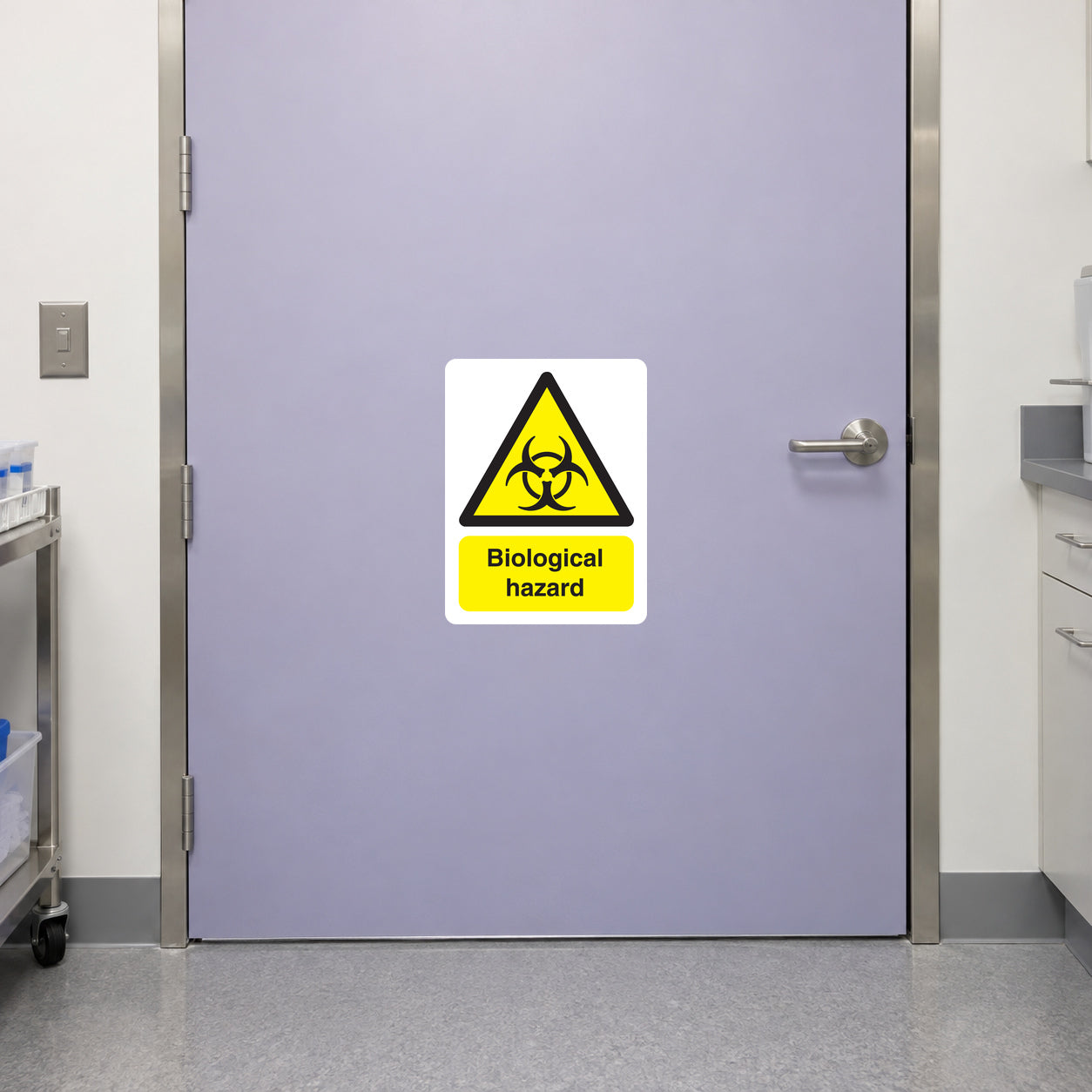 Biological hazard sticker: yellow biohazard triangle with 'Biological hazard' text