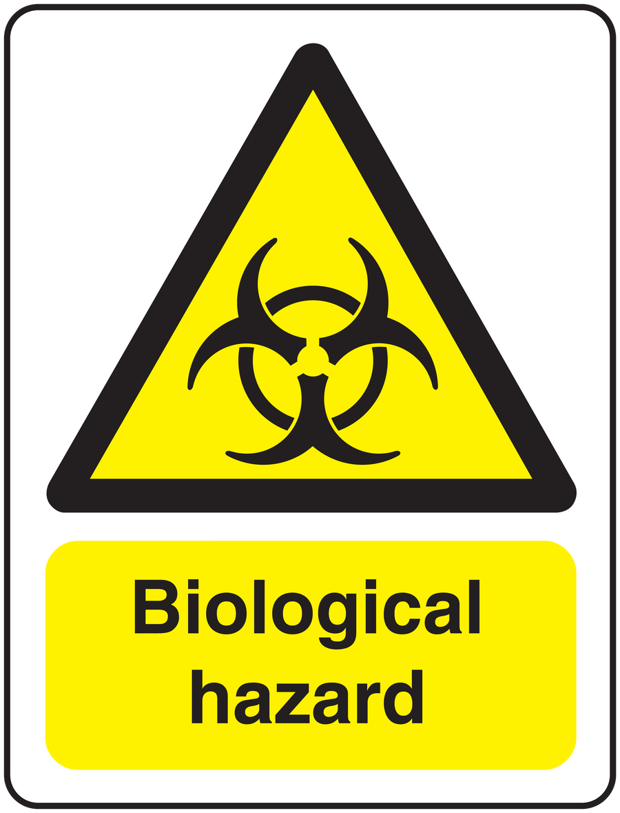 Biological hazard sticker with biohazard symbol and Biological hazard text