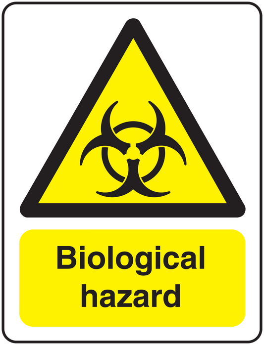 Biological hazard sticker with biohazard symbol and Biological hazard text