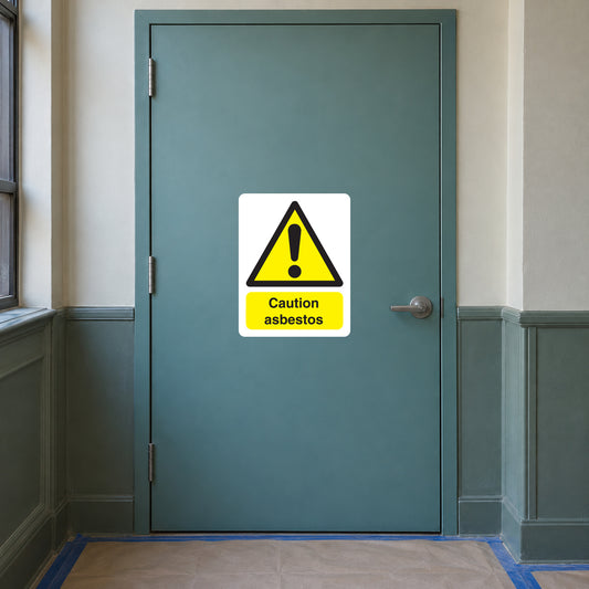 Caution asbestos warning sticker with yellow triangle hazard icon and text