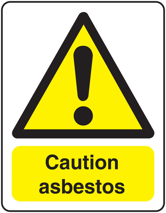 Caution asbestos warning sticker with yellow triangle symbol and bold Caution asbestos text
