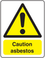 Caution asbestos warning sticker with yellow triangle symbol and bold Caution asbestos text