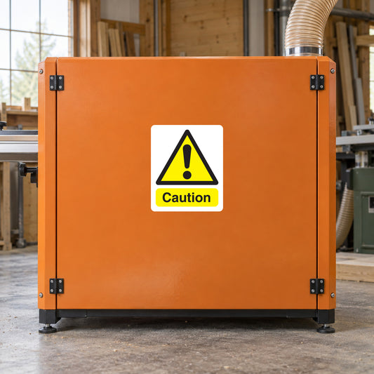 Caution exclamation sticker with yellow triangle and black exclamation in white square