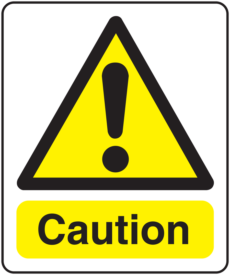 Yellow caution triangle sticker with exclamation mark and 'Caution' text