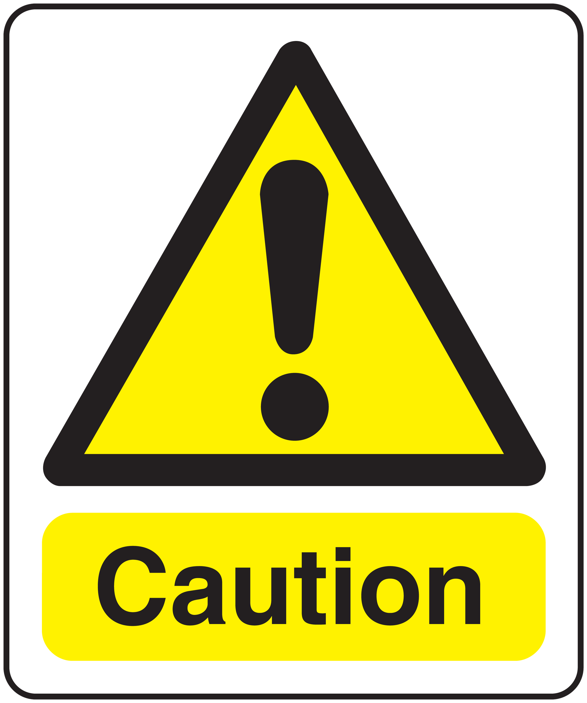 Yellow caution triangle sticker with exclamation mark and 'Caution' text