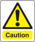Yellow caution triangle sticker with exclamation mark and 'Caution' text