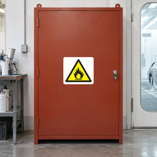 Fire hazard warning sticker with yellow flame triangle icon on white background