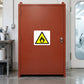 Fire hazard warning sticker with yellow flame triangle icon on white background