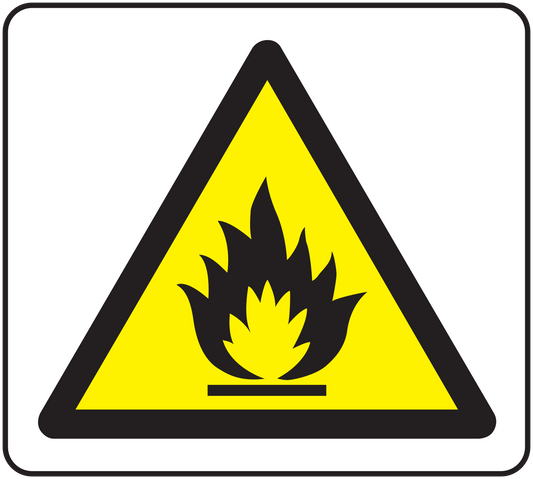 Caution fire sticker with yellow triangle and black flame icon
