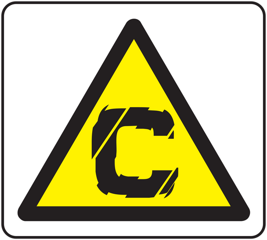 Yellow triangular caution sticker with a stylized black C-shaped symbol