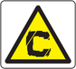 Yellow triangular caution sticker with a stylized black C-shaped symbol