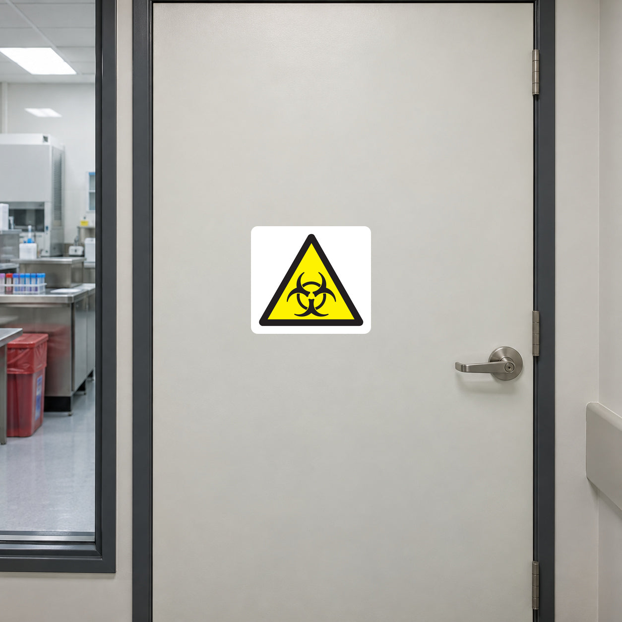 Biohazard warning triangle sticker on a laboratory specimen-room entrance