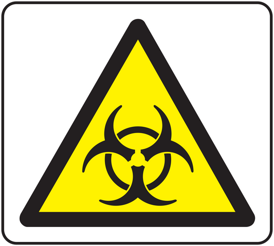 Biohazard warning triangle sticker with yellow sign, black border, and biohazard symbol