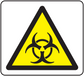 Biohazard warning triangle sticker with yellow sign, black border, and biohazard symbol