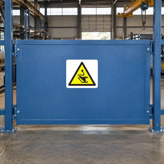 Caution warning sticker with yellow triangle and lightning bolt on a blue panel
