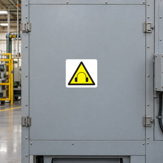 Caution music sticker with yellow triangle and black headphones symbol