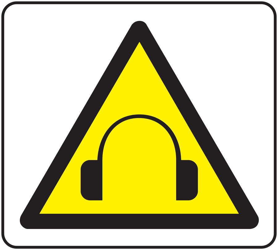 Caution music sticker with yellow triangle and black headphones icon