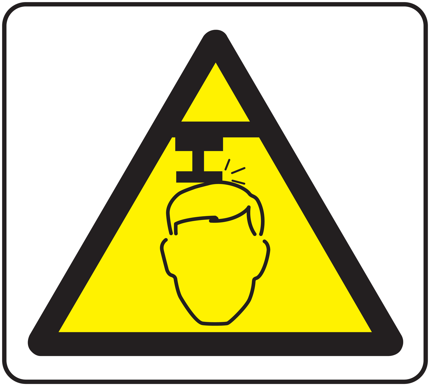 Caution watch your head sticker with yellow warning triangle and head outline