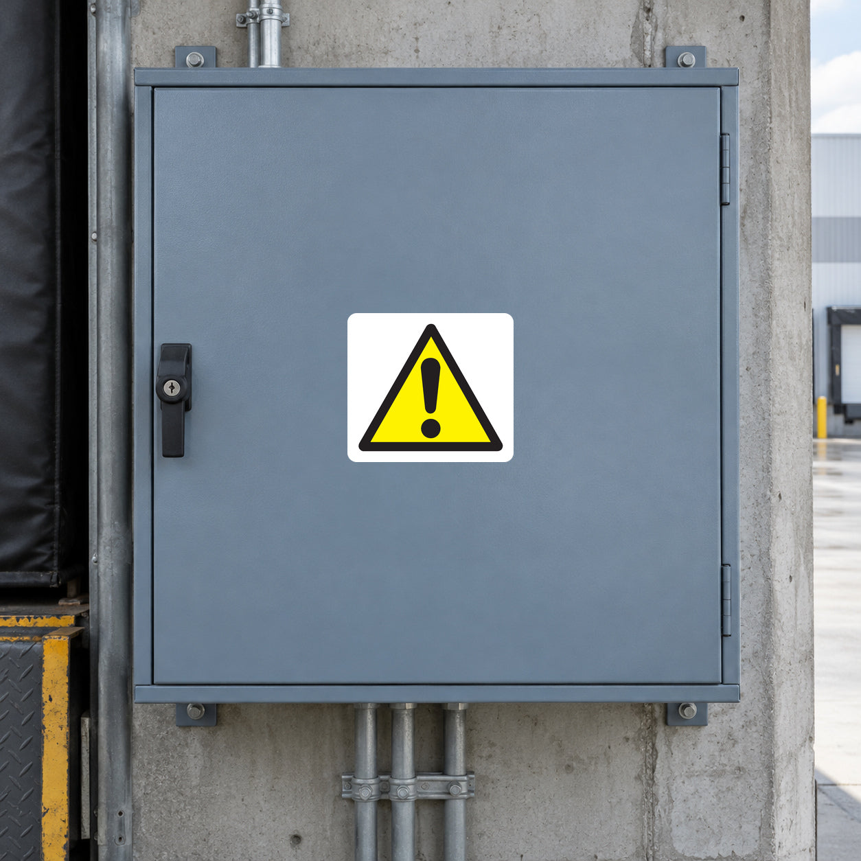 Caution exclamation warning sticker with yellow triangle and black exclamation mark
