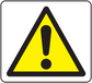 Yellow warning triangle exclamation sticker with black border and symbol