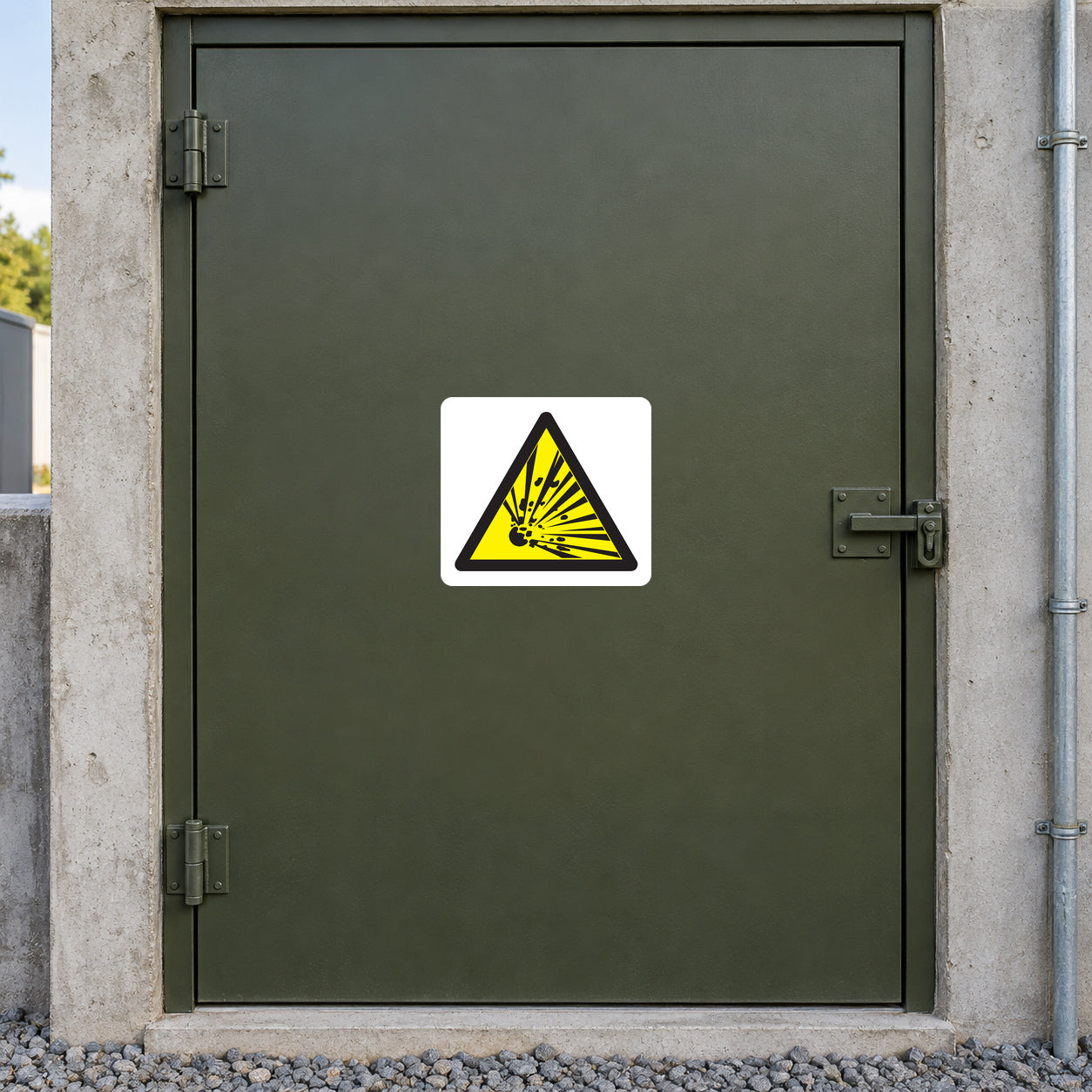 Caution explosives warning sticker with yellow hazard triangle