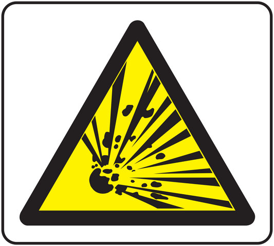 Warning explosives hazard sticker with yellow triangle and black symbol