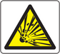 Warning explosives hazard sticker with yellow triangle and black symbol