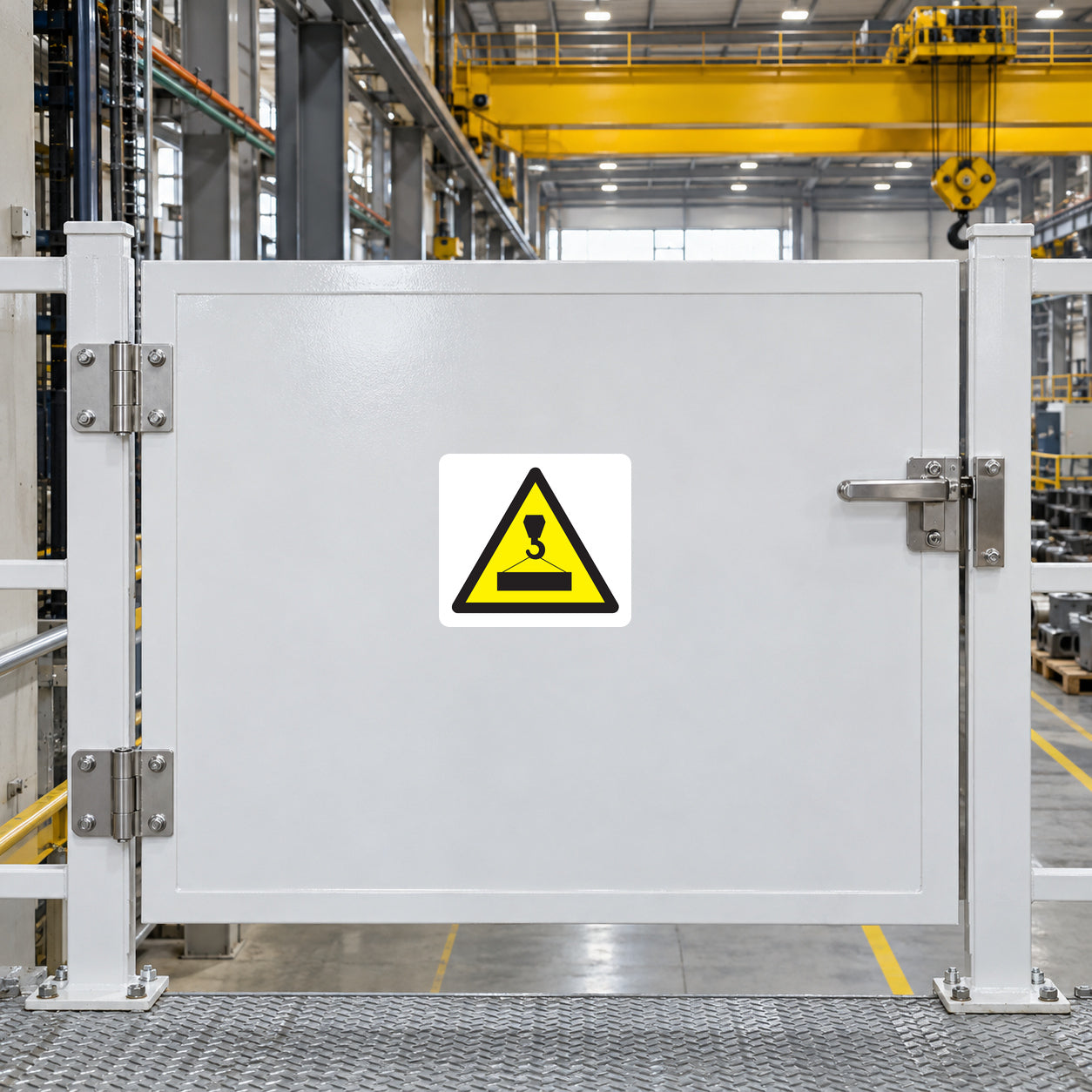 Caution Crane sticker on a factory crane-bay access gate