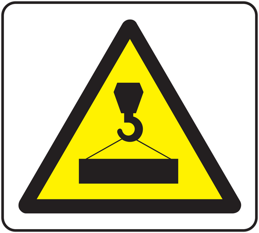 Caution crane warning sticker with yellow triangular symbol and crane hook icon