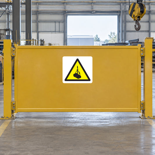 Warning lifting objects sticker with black caution triangle icon on yellow background
