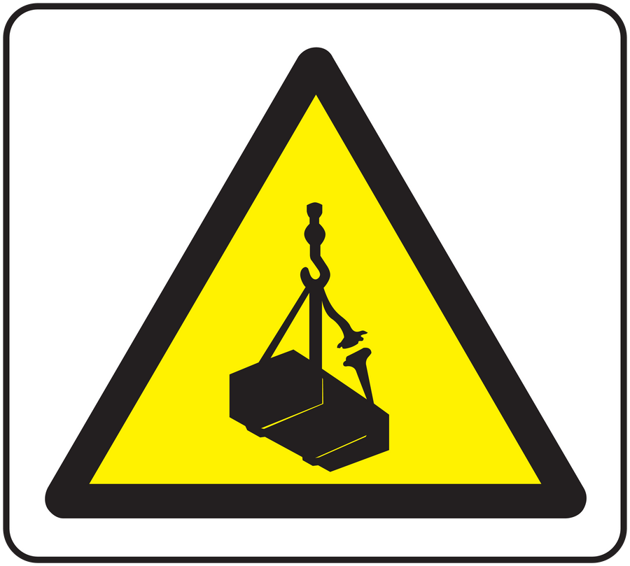 Caution lifting objects warning sticker with yellow triangle and hoist hook icon