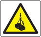 Caution lifting objects warning sticker with yellow triangle and hoist hook icon