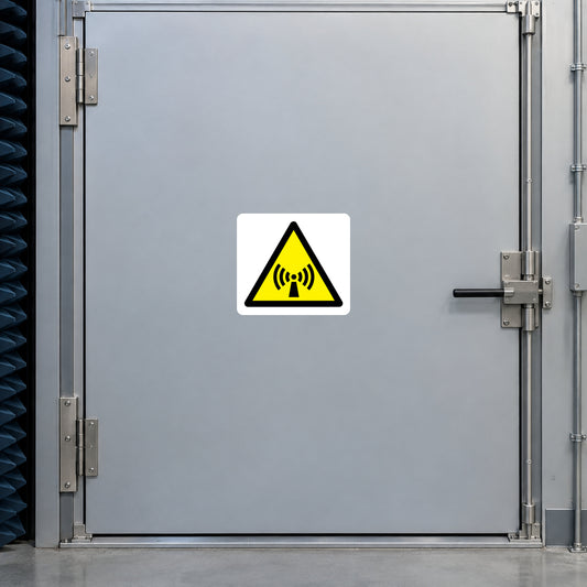 WiFi warning sticker: white square with yellow triangle and black WiFi signal icon