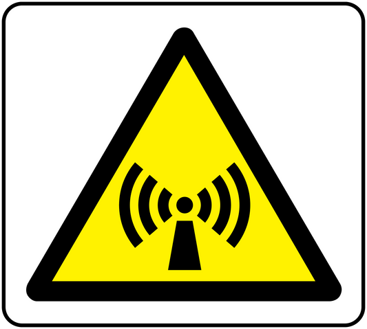 Yellow Wi-Fi warning triangle sticker with antenna and signal icon