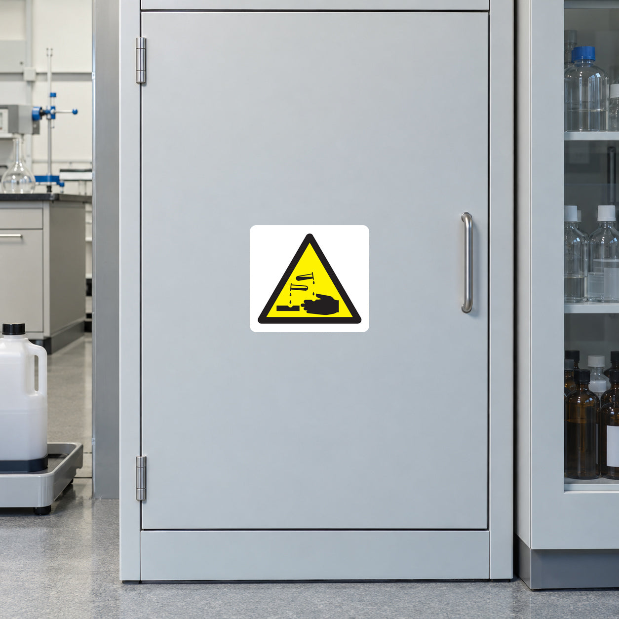 Corrosive chemical hazard warning sticker on a laboratory chemical cupboard