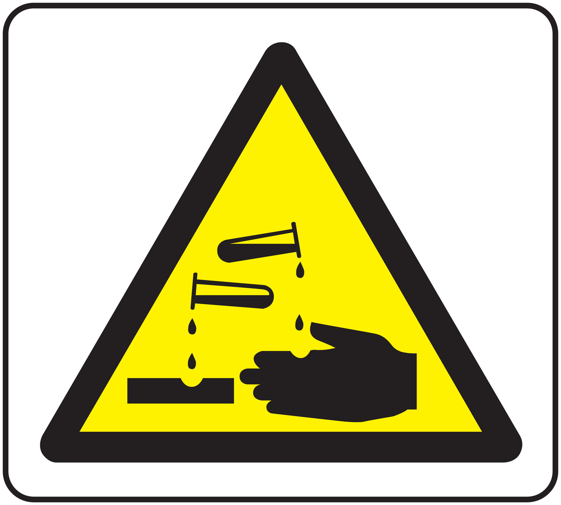 Corrosive hazard warning sticker with a yellow triangle and black test tubes dripping onto a hand and surface