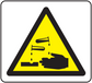 Corrosive hazard warning sticker with a yellow triangle and black test tubes dripping onto a hand and surface