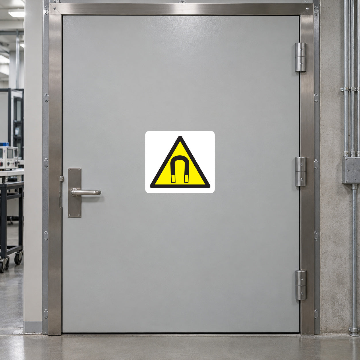 Caution magnetic field sticker with yellow warning triangle icon on white backing