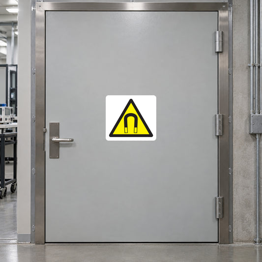 Caution magnetic field sticker with yellow warning triangle icon on white backing