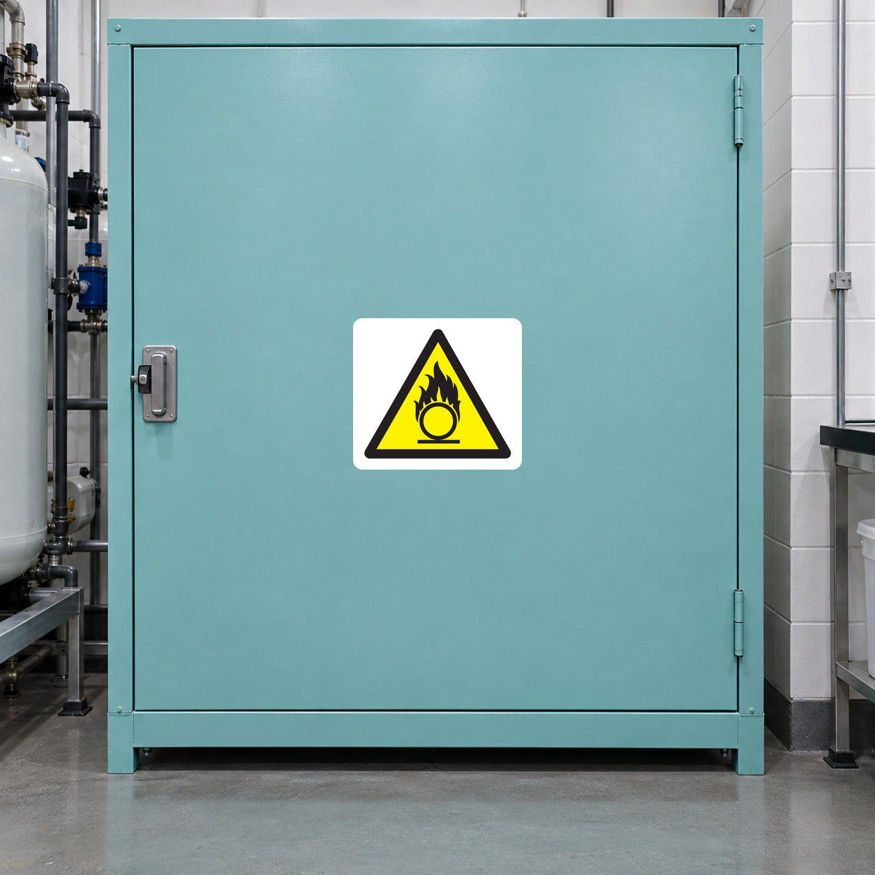 Flammable liquids caution sticker with black-and-yellow flame warning icon