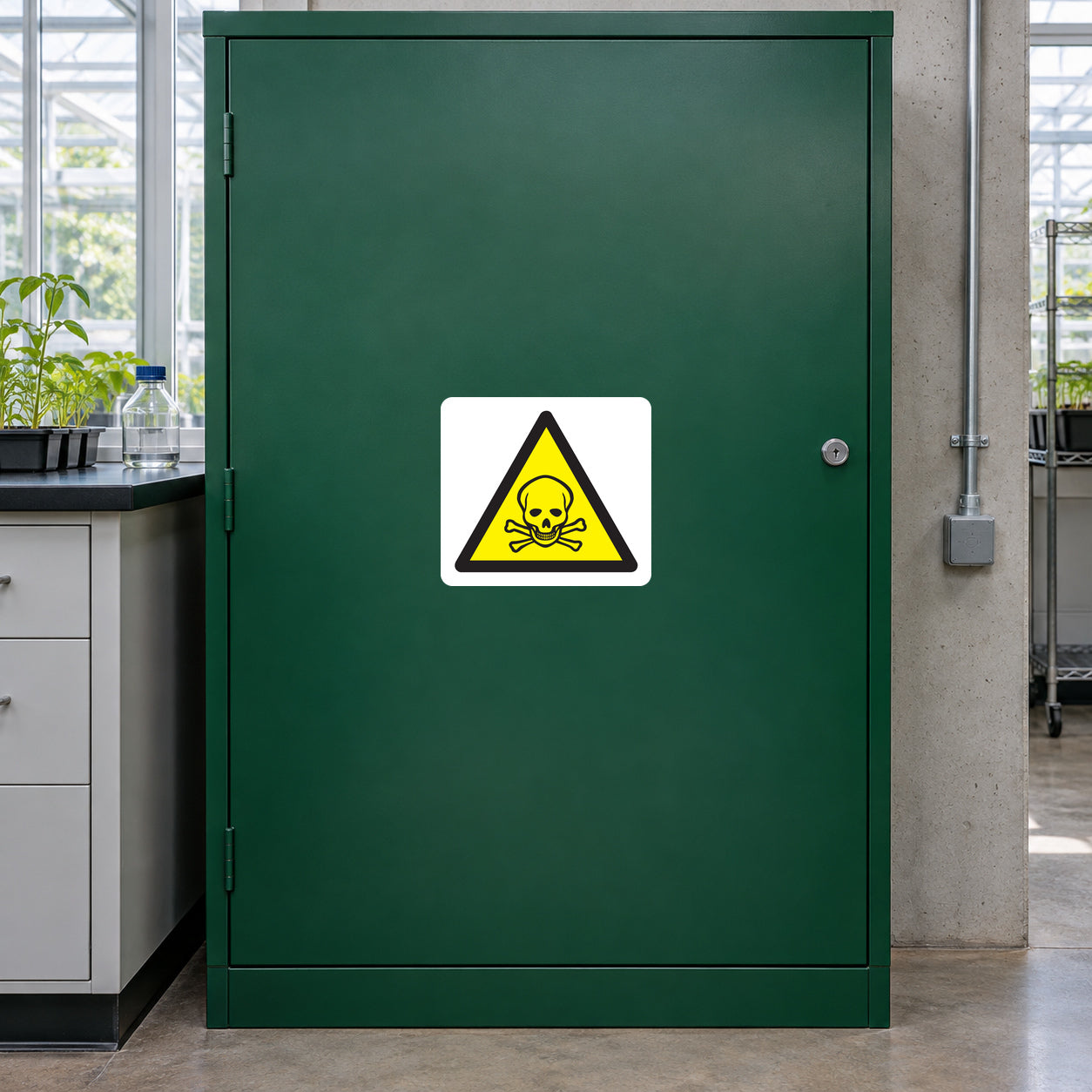 Poison caution warning sticker with yellow biohazard symbol on door