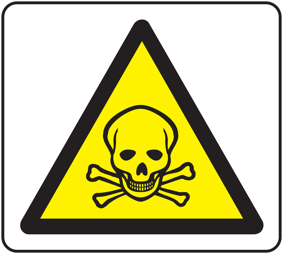 Caution poison sticker with yellow warning triangle and skull crossbones icon