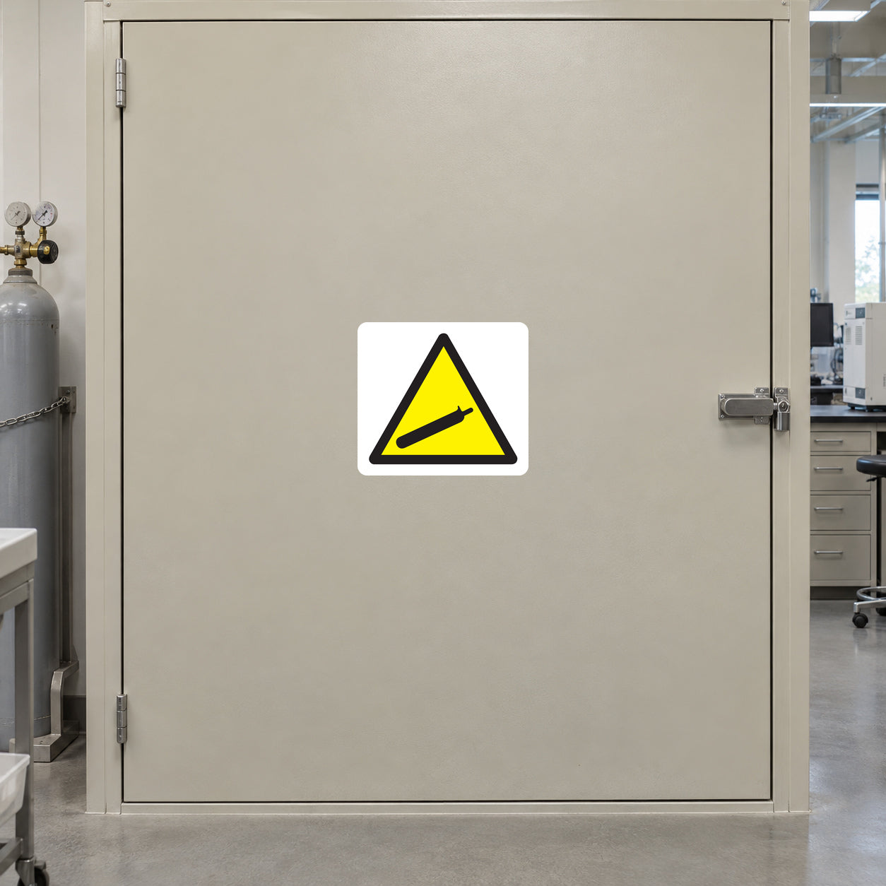 Caution Nitrogen Sticker applied in Broad smooth beige closed compressed-gas storage cupboard door in an analytical testing facility, single uninterrupted central face, latch far right and safely secured unlabelled gas cylinder visible beyond far left edge.